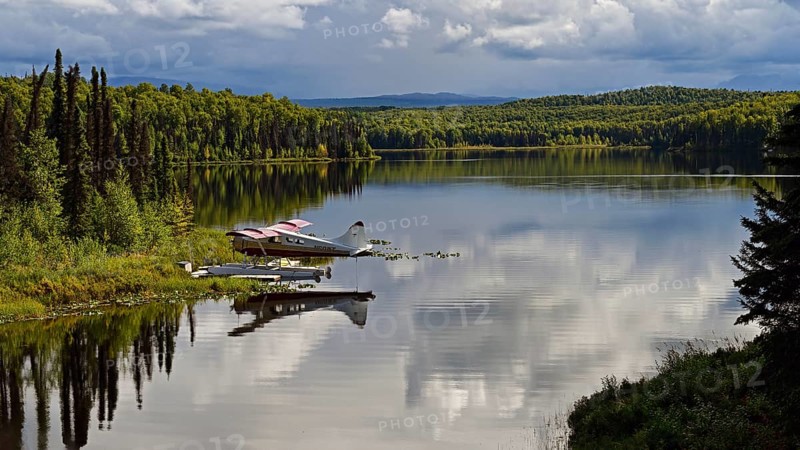 Seaplane Beaver de Havilland stands on the shore of a crystal-clear lake and is reflected in the water, Talkeetna, Alaska