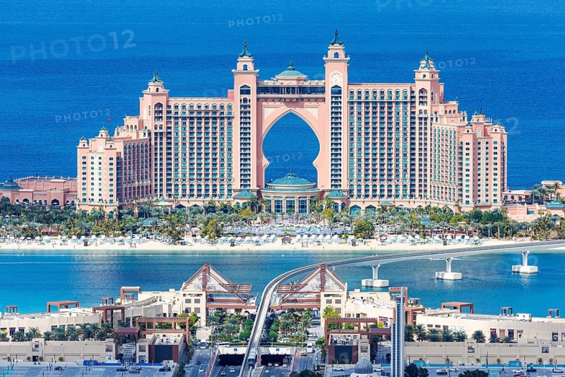 The Palm Jumeirah with Atlantis Hotel artificial island from above in Dubai, United Arab Emirates, Asia