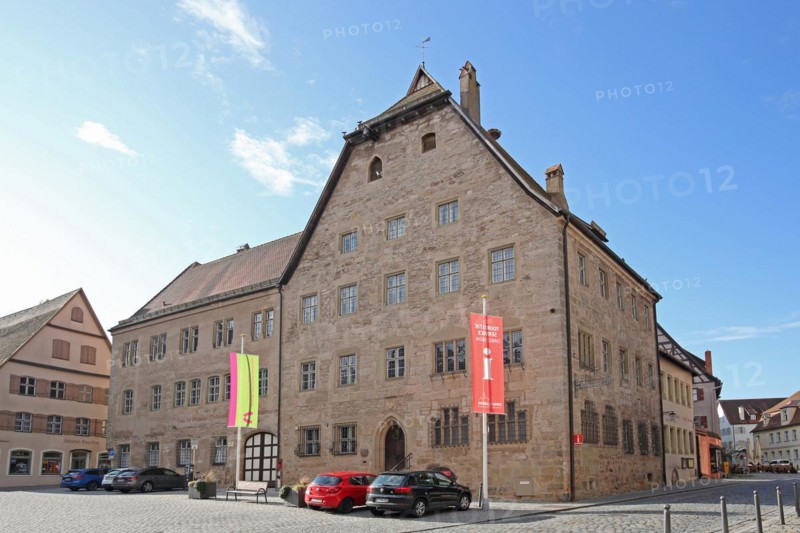 Tourist information centre with flag in the House of History, tourist office, Altrathausplatz, Dinkelsbühl, Middle Franconia, Franconia, Bavaria, Germany, Europe