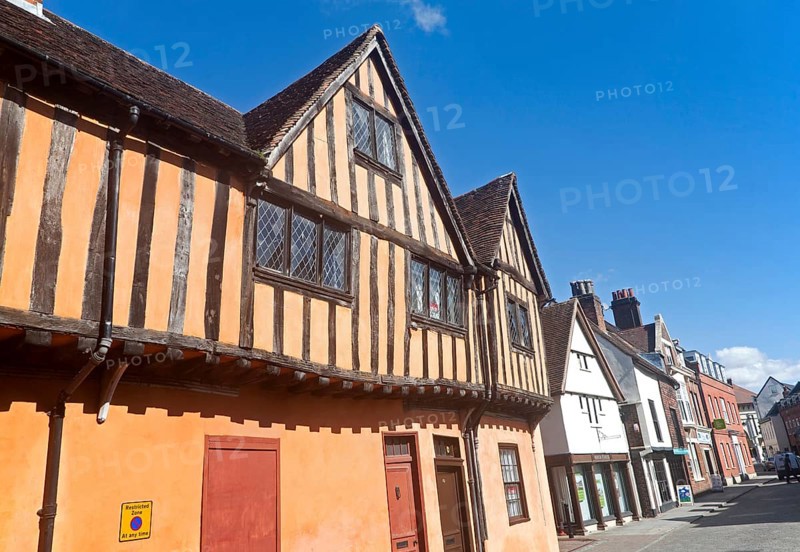 Half timbered medieval historic buildings on Silent Street, Ipswich, Suffolk, England, UK
