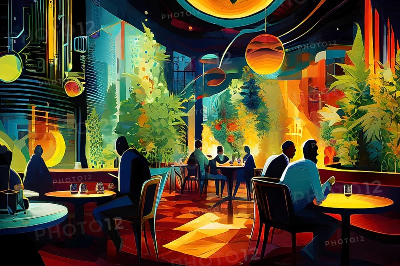 Abstract composition of a cannabis cafe with ambiance bold contrasting colors and playful shapes, AI generated