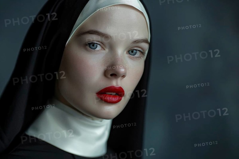 Face of young woman with red lipstick and christian nun habit with veil. Generative Ai, AI generated