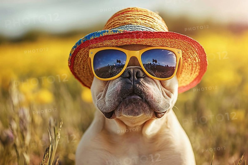 Funny fawn French Bulldog dog with sunglasses and summer straw hat in front of meadow. Generative Ai, AI generated