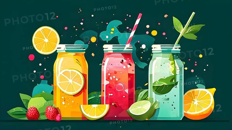 Abstract wallpaper of smoothie surrounded by an assortment of fruits and vegetables, AI generated