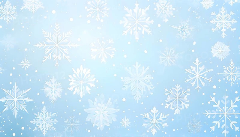 Abstract pattern of snowflakes in varying sizes and shapes in soft white and blue gradients, AI generated