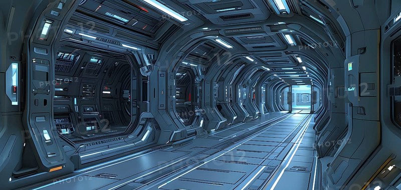 Three dimensional render of futuristic corridor inside a spaceship or space station, AI generated