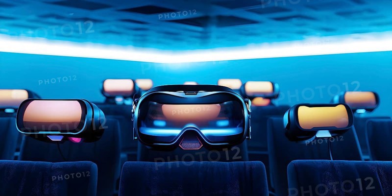 Three dimensional render of virtual reality glasses in a digital room, AI generated