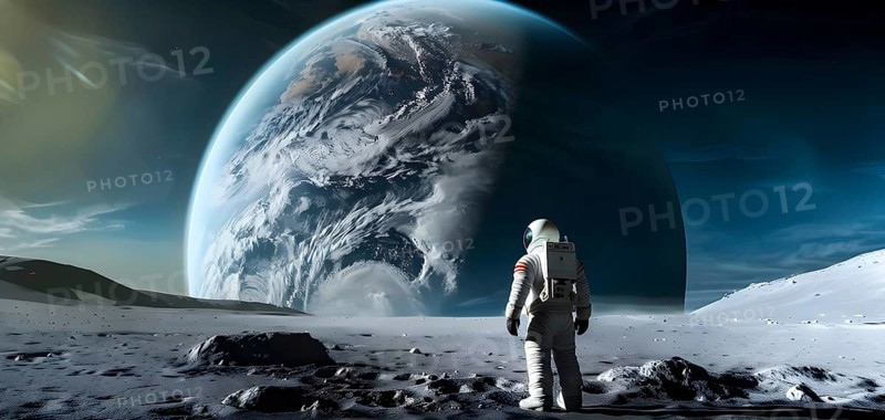 An astronaut stands on a lunar-like surface gazing at an immense planet rising, AI generated