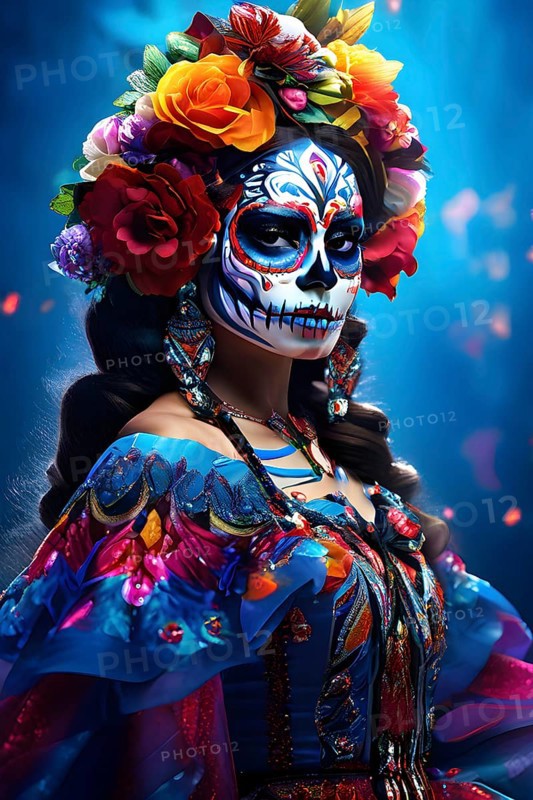 Woman in an extravagant dia de los muertos costume and a vibrant face makeup, AI generated