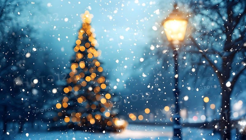 Christmas Eve with snowflakes fall under the light of a streetlamp with a decorated tree in the background, AI generated