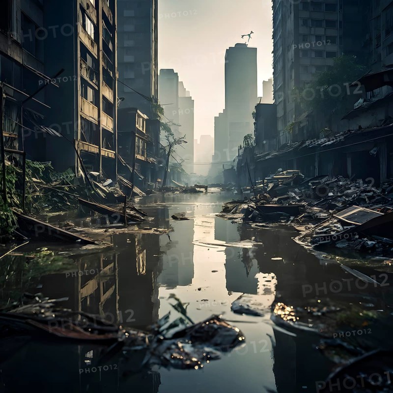 Flooded cityscape reflecting on murky waters, AI generated