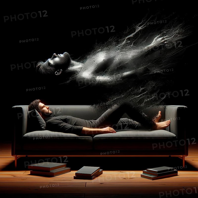 Mysticism, near-death experience, dream, psychology, a young man floats as a traumatic apparition above his image, AI generated, AI generated