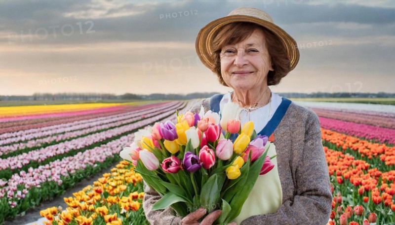 A smiling elderly woman with a hat holds a colourful bouquet of tulips, wide field in the soft light of the sunset, AI generated, AI generated