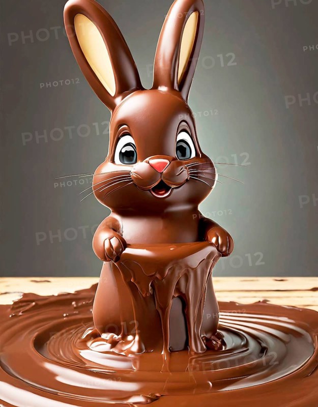 Cute funny little chocolate Easter bunny bathing in melting chocolate, AI generated, AI generated