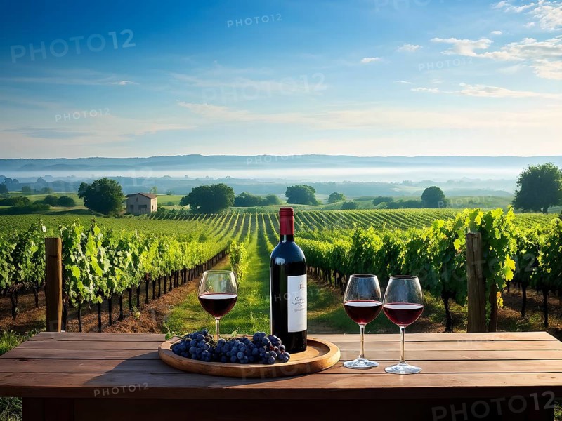 AI generated wine tasting table setup with wine and grapes nestled subtly amidst a thriving vineyard