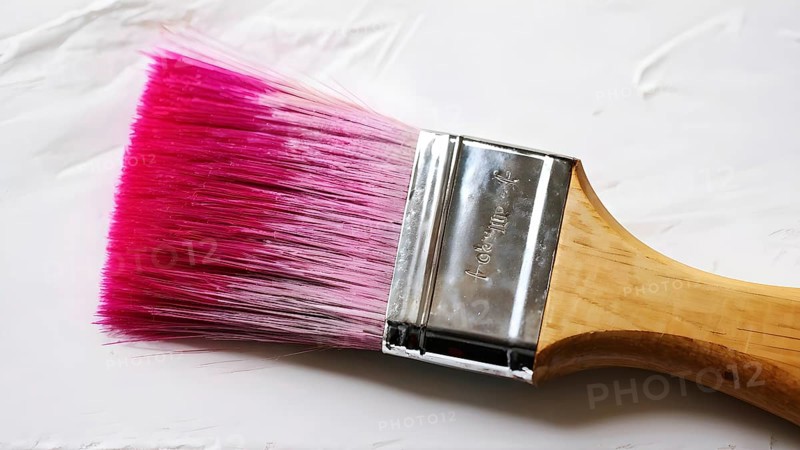 Thick paintbrush dipped in magenta bristles dripping onto a white background, AI generated