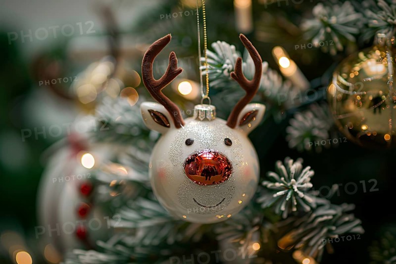 Cute Christmas tree bauble with reindeer face on tree. Generarive Ai, AI generated