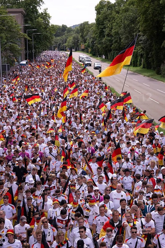 Fan march, German football fans march to the quarter-final Spain versus Germany, UEFA EURO 2024, European Championship, flags, sea of flags, atmosphere, atmospheric, fan club DFB, German Football Association, B14, Cannstatter Straße, Stuttgart, Baden-Württemberg, Germany, Europe