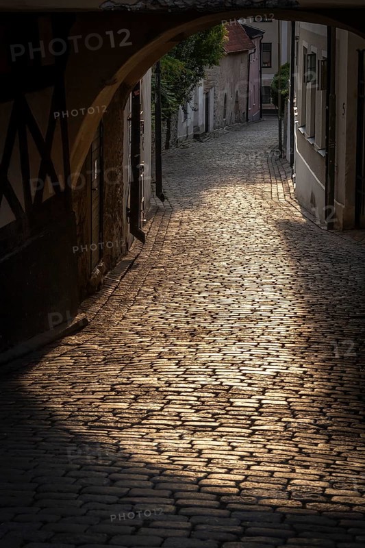 Cobblestones in the evening light, houses, old town, Hanseatic city Visby, island Gotland, Sweden, Europe