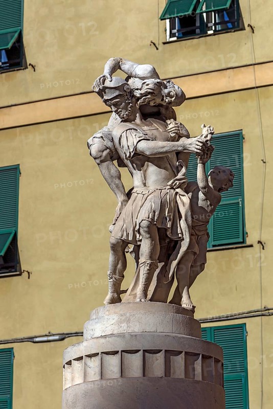 Aeneas with Anchises and Ascanio, 1726, statue by Francesco Baratta (1600-1666), Piazza Bandiera, Genoa, Italy, Europe