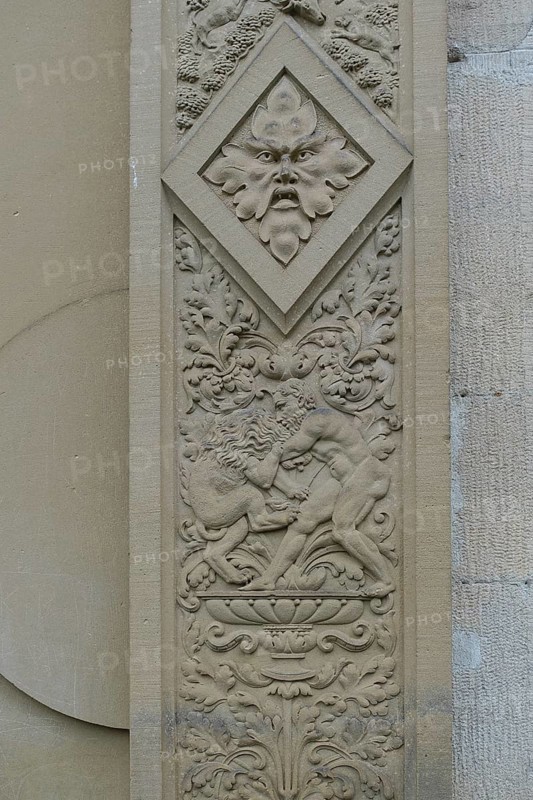 Stone relief, detail on wall, mythical creature, lion depiction, art, Hohentübingen Castle, Museum of the University of Tübingen MUT, higher education institution, historical building, place of learning, Renaissance complex built in the 16th century, in the castle courtyard, Eberhard Karls University of Tübingen, Tübingen, Baden-Württemberg, Germany, Europe