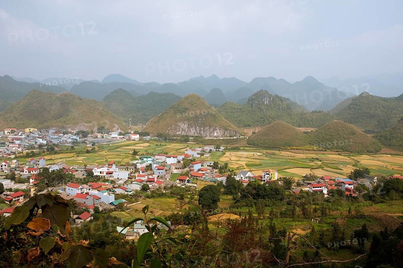 Panorama of Tam Son town and the Twin Mountains or Fairy Breast Mountains, Quan Ba district, seen from Quan Ba sky gate, Ha Giang province, Vietnam, Asia