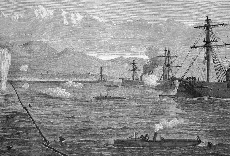 Manoeuvre of the Turkish fleet against the attack with torpedoes, Historical, digitally restored reproduction from a 19th century original, Record date not stated