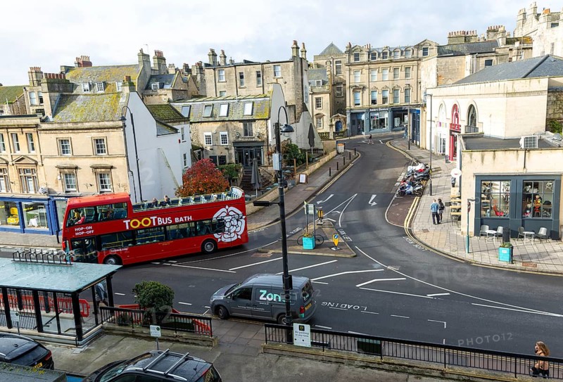 Open top double decker tour bus, Walcot Street, Bath, Somerset, England, UK