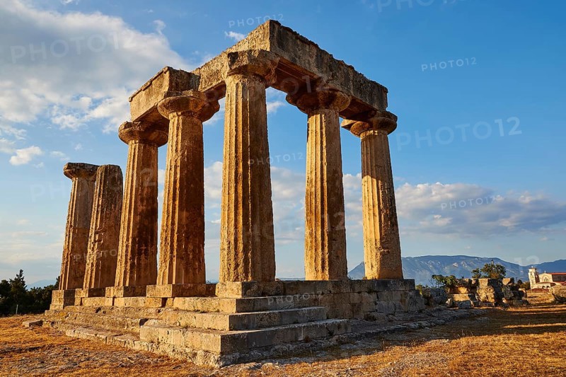 Archaic Temple of Apollo, Evening light falls on the ancient temple with majestic columns, Doric columns, Archaeological site, Archea Korinthos, Corinth, Peloponnese, Greece, Europe