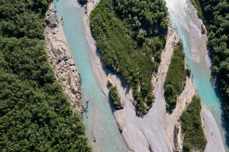 Upper Isar at the Sylvenstein reservoir, Isar at the inlet to the Sylvensteinsee, near Lenggries, Isarwinkel, aerial view, Upper Bavaria, Bavaria, Germany, Europe