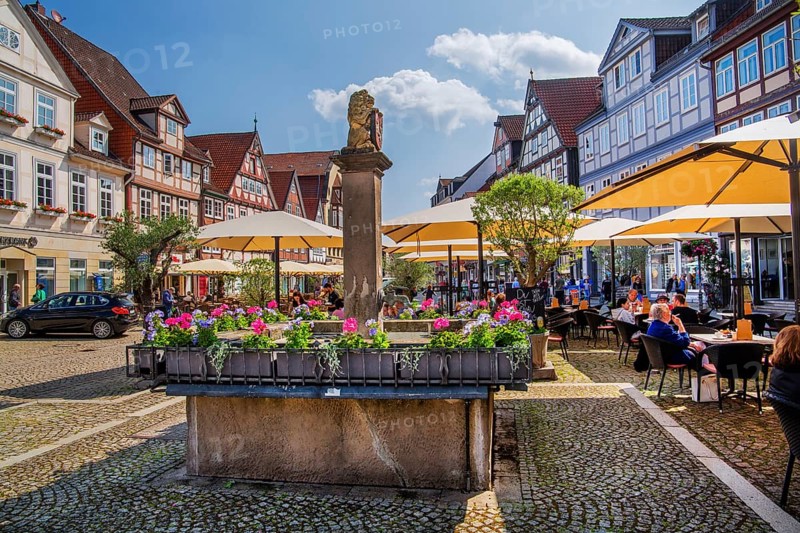Fountain on the Großer Plan in the old town centre with typical half-timbered houses, Celle, Lüneburg Heath, Lower Saxony, Germany, Europe