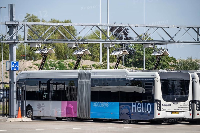 Fast charging station for electric buses at Amsterdam Schiphol Airport, the entire fleet of passenger transport buses is electric, over 200 vehicles, during breaks the buses are recharged via a roof-mounted pantograph, vehicles of the transport company Connexxion, Netherlands