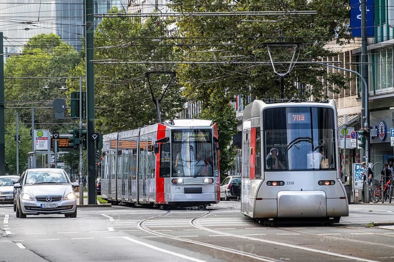 Local transport, Rheinbahn trams, on Graf-Adolf-Straße, North Rhine-Westphalia, Germany, Europe