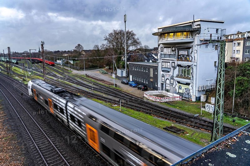 The Deutsche Bahn AG signal box in Mülheim-Styrum, controls train traffic on one of the busiest railway lines in Germany, between Essen and Duisburg, suburban trains, regional trains, ICE and IC long-distance trains and freight traffic, North Rhine-Westphalia, Germany, Europe