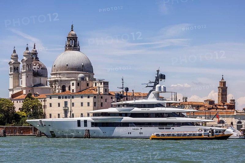 Exclusive private yachts moored on the Canale della Giudecca off Venice, Venice, Italy, Europe