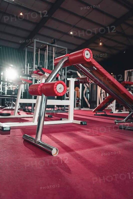 Fitness studio with modern training equipment in red and steel standing on the floor, Historic Fitness Studio, Bulls Fit, Mannheim, Germany, Europe