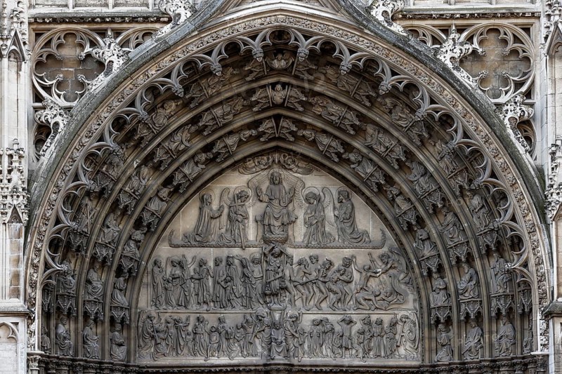 Cathedral of Our Lady, Onze-Lieve-Vrouwekathedraal, detailed view above the main portal, Gothic, UNESCO World Heritage Site, Antwerp, Belgium, Europe