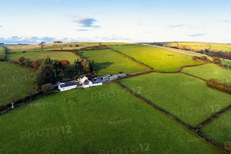 Farms over Trecastle from a drone at sunset, Brecon Beacons National Park, Powys, Wales, England, United Kingdom, Europe
