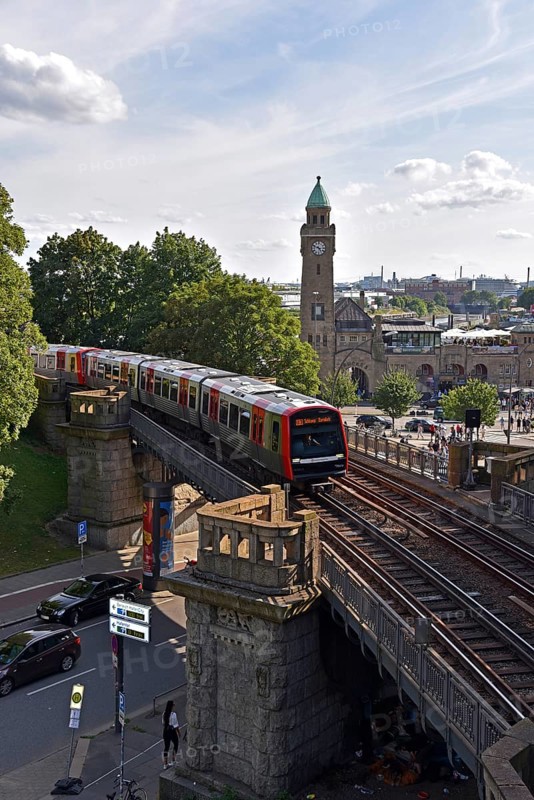 Europe, Germany, Hanseatic City of Hamburg, underground at the harbour, Landungsbrücken station, viaduct over Helgoländer Allee with view to the glass tower, U3, Europe