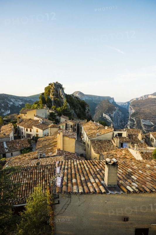Mountain village, sunrise, Rougon, Verdon Gorge, Gorges du Verdon, Alpes-de-Haute-Provence department, Provence-Alpes-Côte d'Azur region, France, Europe