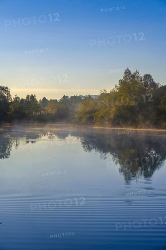 Sunrise with fog, Mühlweiher at Reutberg Monastery, Sachsenkam, Tölzer Land, Alpine foothills, Upper Bavaria, Bavaria, Germany, Europe