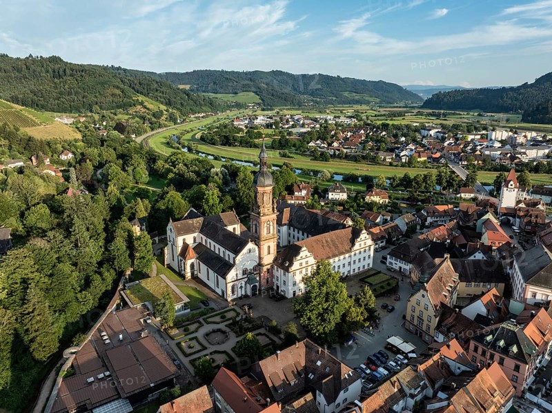 The former Benedictine abbey and town church of St Mary in the old town centre of Gengenbach, with the River Kinzig behind it, aerial view, Ortenaukreis, Baden-Württemberg, Germany, Europe
