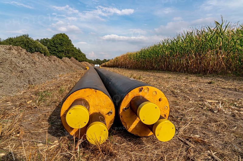 Laying of district heating pipes, next to a field, with maize, the district heating comes from a biogas plant and is fed directly into households in the neighbourhood, private provider, near Delbrück, North Rhine-Westphalia, Germany, Europe
