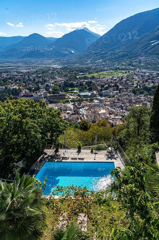 View of Merano from the mountain station of the chairlift to Dorf Tyrol, Hotel Pool, South Tyrol, Italy, Europe