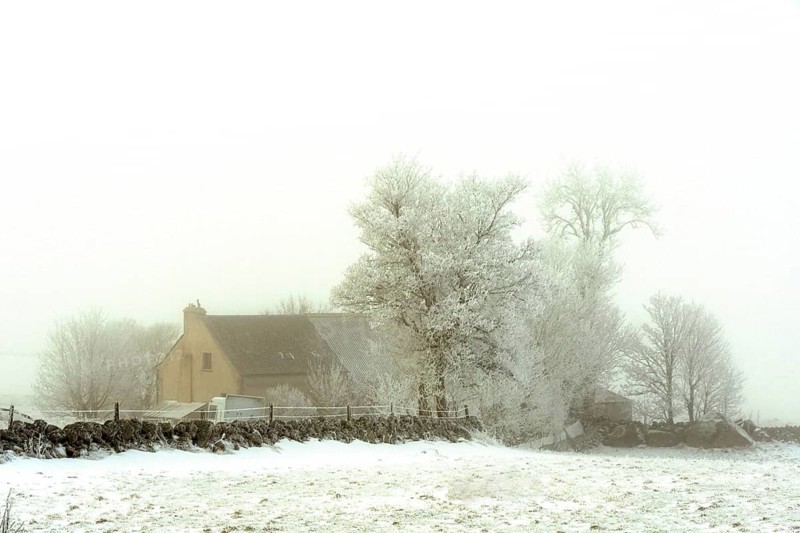 Aubrac plateau. Isolated farm in winter. Lozere department. Occitanie. France