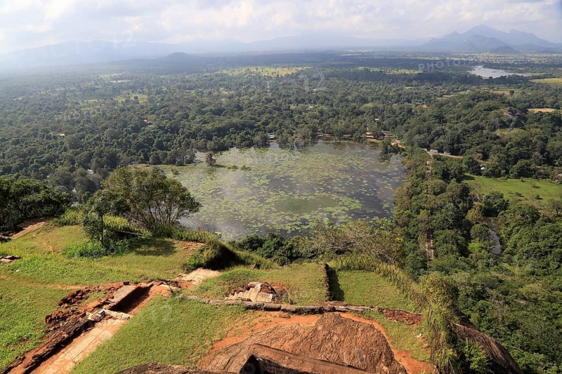 View of lake and forest from rock palace, Sigiriya, Central Province, Sri Lanka, Asia