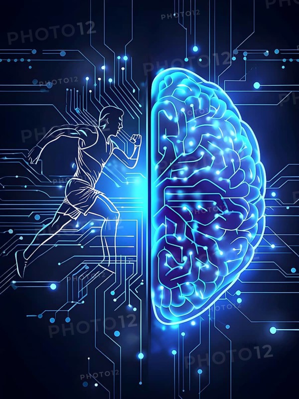 Abstract brain split into two halves, one side athletic motion, the other side neural network, vibrant colors, symbol for artificial intelligence in sport, AI generated