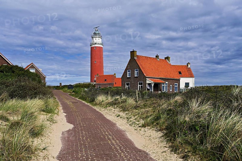 Lighthouse Eierland with houses, De Cocksdorp, Texel, West Frisian Islands, province North Holland, Netherlands