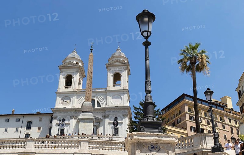 The church Santissima Trinita dei Monti, Santa Trinita dei Monti or Santissima Trinita al Monte Pincio, Most Holy Trinity on Mount Pincio, and the Obelisco Sallustiano, above the Spanish Steps in Rome, Italy, Europe