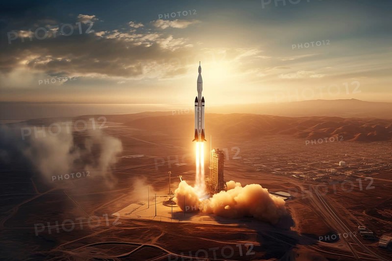 Aerial view of a rocket launch at sunrise sunset over an ocean coast. The rocket is blasting off with a trail of smoke and flames behind it, AI generated